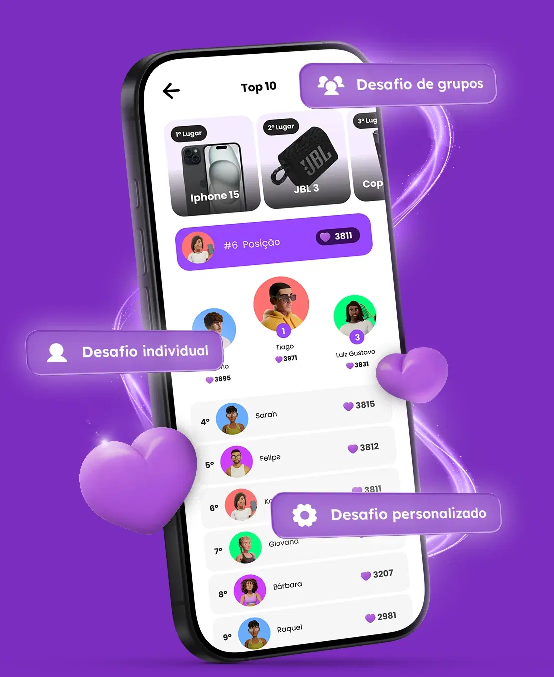 Ranking de desafios no app da Radarfit, com os prêmios e a posição dos colaboradores